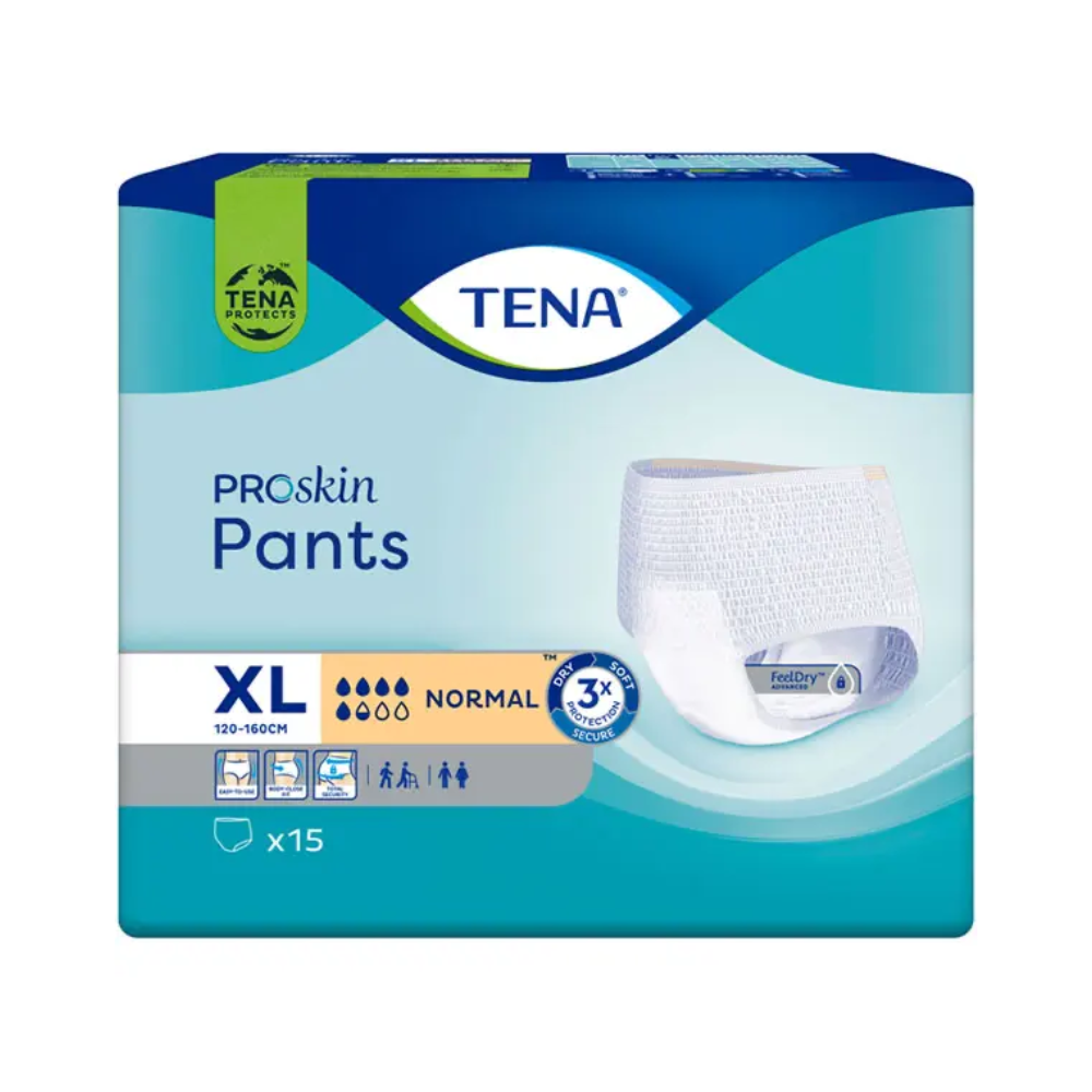 Imagem de um pacote de TENA Proskin Pants Normal, fralda para incontinência no tamanho XL, adaptada para pessoas com fraqueza da bexiga. A embalagem é azul e verde com acentos brancos, mostra uma imagem da fralda e indica 'Absorção Normal', adequada para uma cintura de 120-160 cm. Cada pacote contém 15 peças, fabricado pela TENA - Essity Germany GmbH.