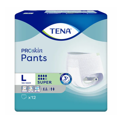 As TENA ProSkin Pants Super Inkontinenzhose, tamanho L da TENA - Essity Germany GmbH, são adequadas para cinturas entre 100-135 cm. A embalagem apresenta um design azul-esverdeado e contém 12 fraldas super absorventes, que são perfeitas para o tratamento da fraqueza da bexiga. Símbolos destacam o compromisso com conforto e proteção.