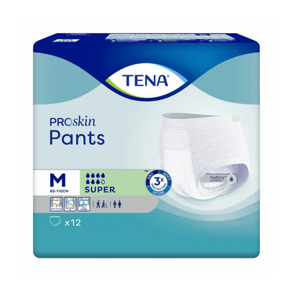 Embalagem das TENA ProSkin Pants Super Inkontinenzpants da TENA - Essity Germany GmbH, adequada para pessoas com fraqueza na bexiga, tamanho M (80-110 cm). Ela mostra uma imagem de uma fralda e símbolos que indicam a absorção e adequação ao gênero. A embalagem contém 12 fraldas.