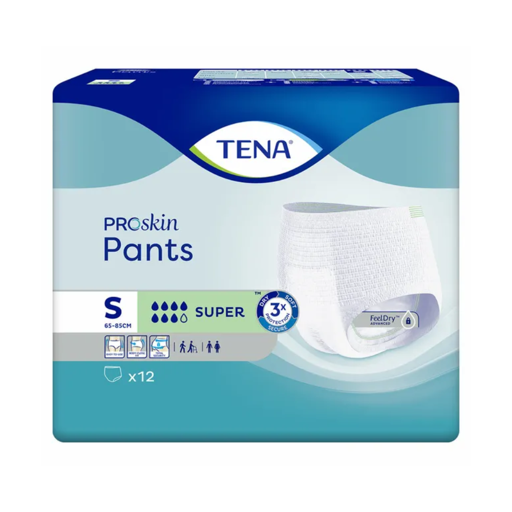 Embalagem para TENA - Essity Germany GmbH TENA ProSkin Pants Super Inkontinenzpants, tamanho S, adequado para cintura de 65-85 cm. A embalagem foi desenvolvida para tratar a fraqueza da bexiga e mostra uma imagem das fraldas com a absorção marcada como "Super" e contém "x12" peças. O fundo exibe um gradiente de azul e branco.