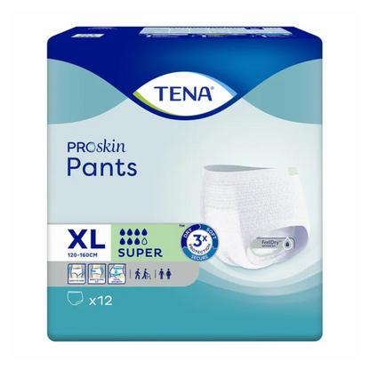 Um pacote de TENA Proskin Pants Super Inkontinenzpants da TENA – Essity Germany GmbH, disponível no tamanho XL (120-160 cm), é adaptado para pessoas com fraqueza na bexiga. A embalagem destaca a absorção "Super" e mostra imagens que demonstram um ajuste seguro e fácil manuseio. Cada pacote contém 12 fraldas.