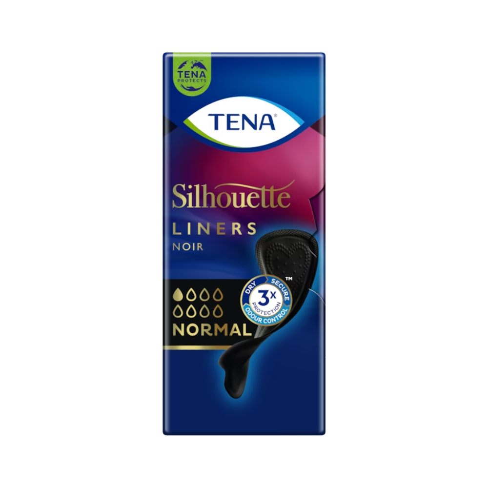 A embalagem para o TENA Silhouette Noir Normal Slipeinlage, preto é elegantemente desenhada e consiste em uma caixa azul escura com acentos rosa. Ela exibe o logotipo TENA e uma imagem da almofada, destacando a absorção 'Normal' e a proteção tripla para 3x Fresh Odour Control.