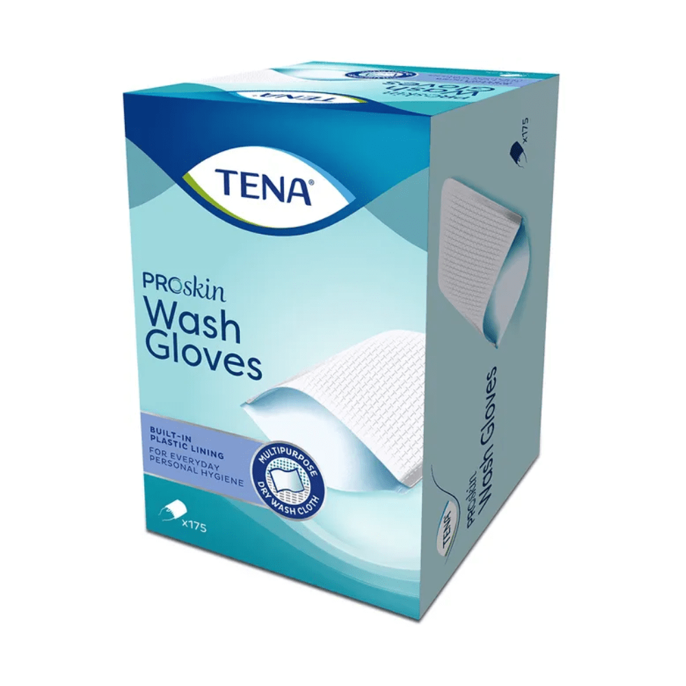A imagem mostra uma caixa de luvas de lavagem TENA Wash Gloves da TENA - Essity Germany GmbH com um design azul e branco, que destaca o forro de plástico sem látex para a limpeza corporal. A embalagem indica que contém 175 luvas, perfeita para a higiene pessoal.