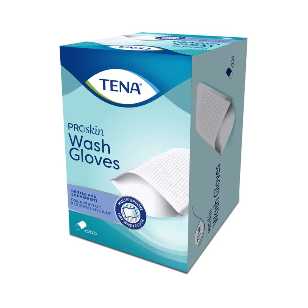 Imagem de uma caixa de luvas de lavagem TENA Wash Gloves da TENA - Essity Germany GmbH. A embalagem é predominantemente azul-claro e mostra a imagem de uma luva, destacando o uso "SUAVE E PRÁTICO" para a limpeza corporal. Contém "ALOE VERA & CAMOMILA" e é um produto sem látex com 200 luvas para a higiene corporal diária.