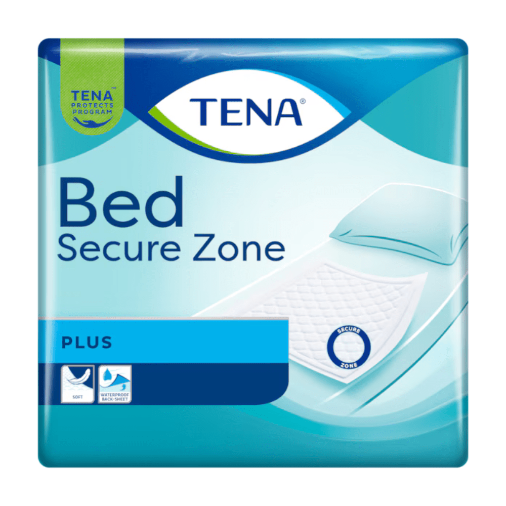A embalagem TENA Bed Plus da TENA - Essity Germany GmbH mostra um colchão com um protetor de incontinência e está adornada com o logotipo azul e branco da TENA e a descrição do produto.