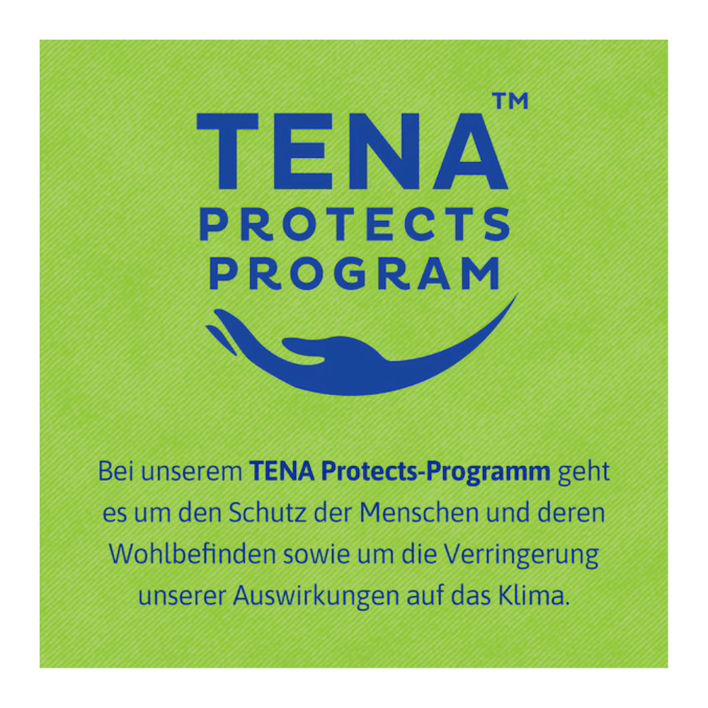 Uma imagem quadrada com fundo verde mostra "TENA Protects Program" em azul sobre uma linha curva. O texto em alemão explica como o TENA Bed Plus da TENA - Essity Germany GmbH apoia o bem-estar e contribui para a redução dos impactos climáticos.