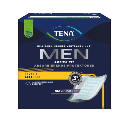 Eine Schachtel von Muster TENA Men Active Fit von TENA - Essity Germany GmbH zeigt eine blau-silberne Verpackung, ein Produktbild und einen Text, der maximale Sicherheit und Komfort für Männer mit Blasenschwäche betont.