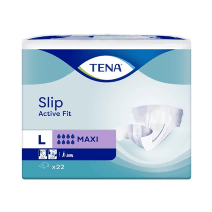 Na imagem está um pacote TENA Slip Active Fit Maxi da TENA - Essity Germany GmbH no tamanho grande (22 unidades) com uma imagem do produto e símbolos para proteção contra vazamentos, absorção e aplicação.