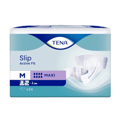 Um pacote retangular de TENA Slip Active Fit Maxi da TENA - Essity Germany GmbH, tamanho M com máxima absorção e proteção contra vazamentos. Contém 24 slips em embalagem azul e branca com imagens e símbolos do produto.