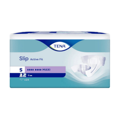 Um pacote com 24 fraldas TENA Slip Active Fit Maxi para adultos, tamanho pequeno, da TENA - Essity Germany GmbH. Com absorvente para incontinência e proteção contra vazamentos de alta qualidade em embalagem azul e branca com imagens do produto e detalhes na frente.