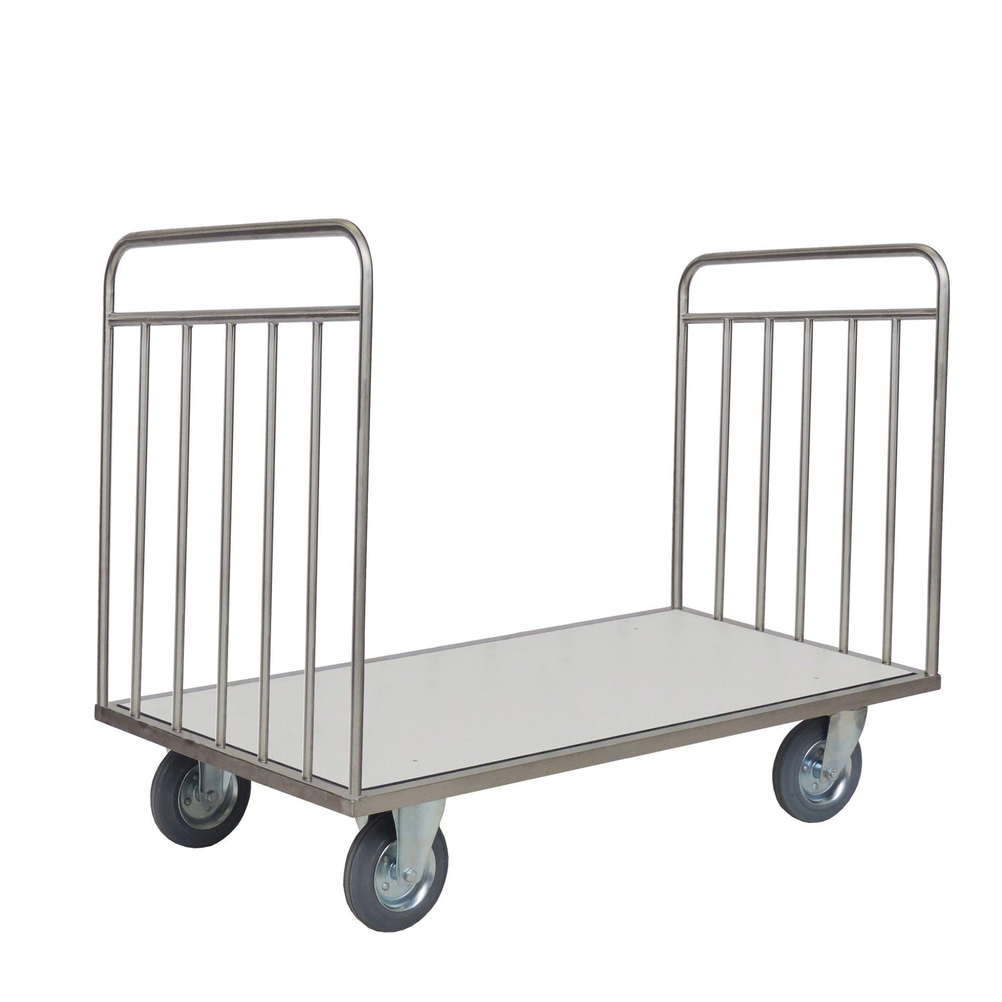 O carrinho de transporte Novocal sem painel traseiro possui uma estrutura de aço inoxidável, uma superfície plana, lados abertos e barras verticais em ambas as extremidades - ideal para o transporte de objetos grandes ou pesados. Todas as conexões de tubos são totalmente soldadas para uma longa durabilidade.