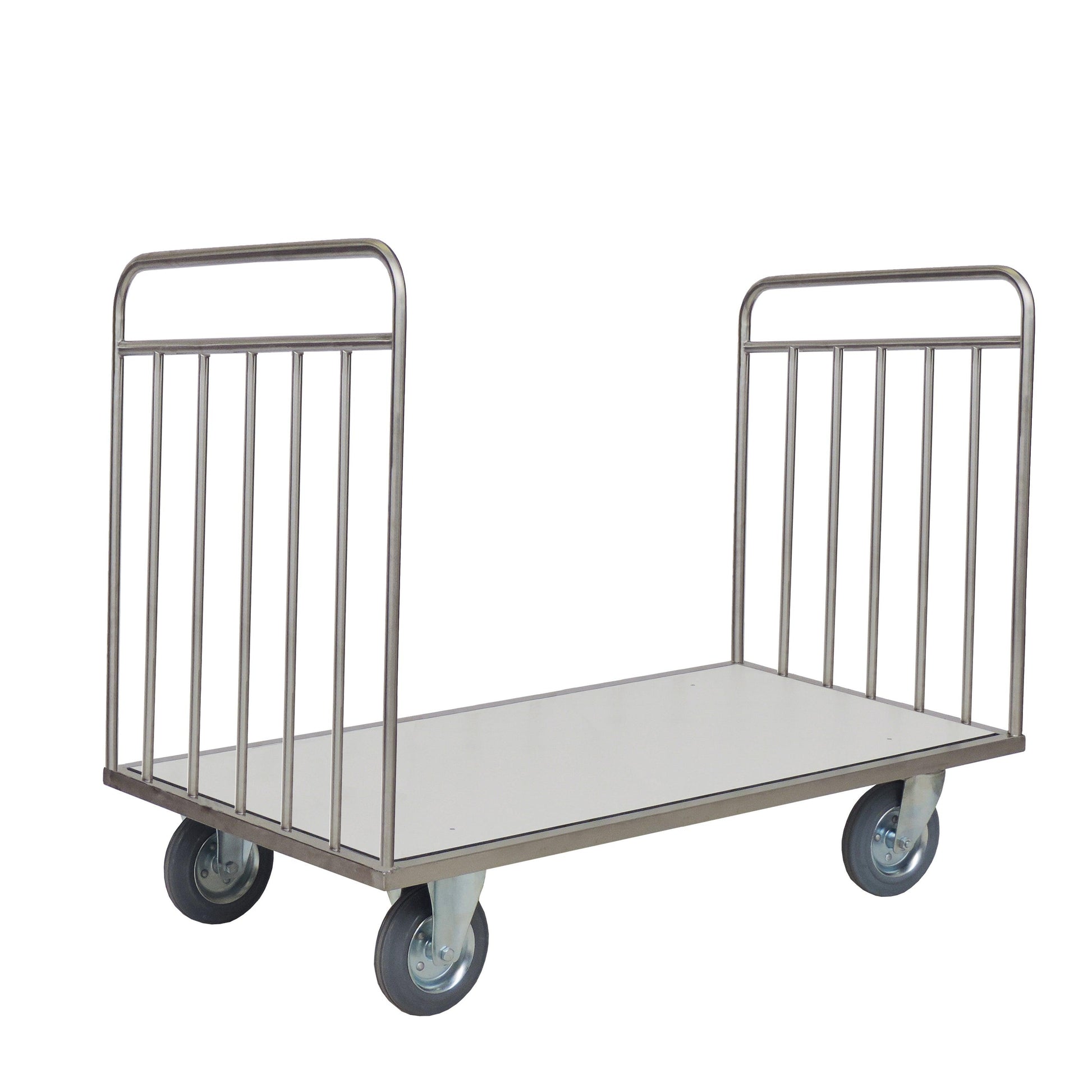 Der Novocal Transportwagen ohne Rückwand verfügt über einen Edelstahlrahmen, eine flache Oberfläche, offene Seiten und vertikale Stangen an beiden Enden - ideal für den Transport großer oder schwerer Gegenstände. Alle Rohrverbindungen sind für eine lange Lebensdauer vollständig verschweißt.