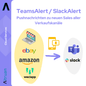 Gráfico que ilustra a função "Altruan TeamsAlert / SlackAlert" para monitorização de canais de venda como eBay e Amazon e mostra notificações em tempo real enviadas para dispositivos e aplicações como laptops e telemóveis.
