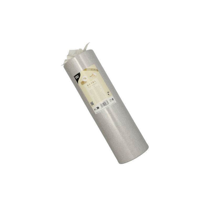 Um rolo PAPSTAR semelhante a tecido de corredor de mesa PV-Tissue Mix "ROYAL Collection" da PAPSTAR GmbH está elegantemente rotulado com informações do produto. O rolo está em pé diante de um fundo branco simples e mostra sua composição de alta qualidade de mistura de polpa-viscose-tissue.