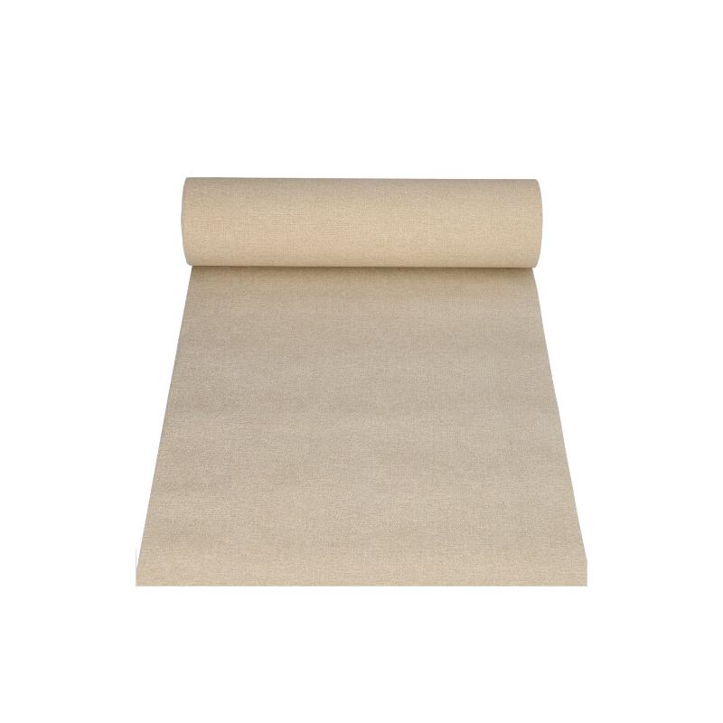 Um rolo de tecido bege do PAPSTAR corredor de mesa semelhante a tecido PV-Tissue Mix "ROYAL Collection", parcialmente desenrolado sobre um fundo branco, destaca a luxuosa mistura de polpa-viscose-tissue em seu design.