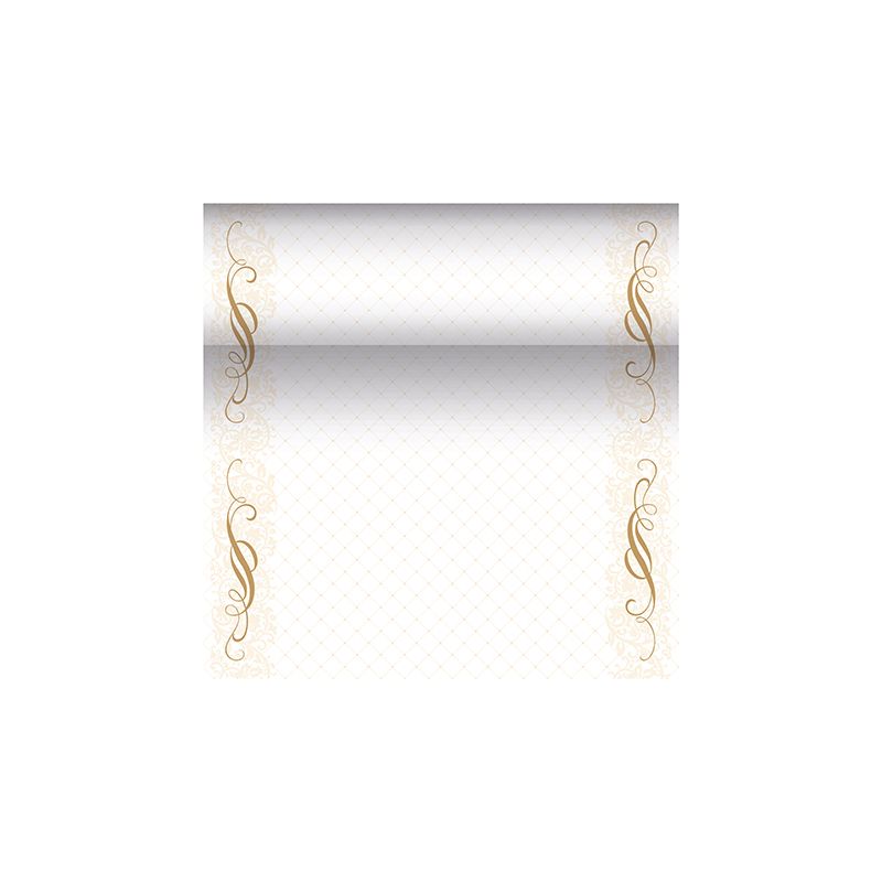 Um modelo de certificado decorativo da PAPSTAR "ROYAL Collection" destaca um fundo de gradiente com bordas douradas ornamentadas, que apresentam elegantes padrões florais em espiral. A área central é deixada para texto ou design personalizado e exala um toque sofisticado que lembra os designs dos corredores de mesa semelhante a tecido PV-Tissue Mix da PAPSTAR.