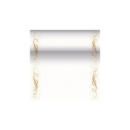 Um modelo de certificado decorativo da PAPSTAR "ROYAL Collection" destaca um fundo de gradiente com bordas douradas ornamentadas, que apresentam elegantes padrões florais em espiral. A área central é deixada para texto ou design personalizado e exala um toque sofisticado que lembra os designs dos corredores de mesa semelhante a tecido PV-Tissue Mix da PAPSTAR.