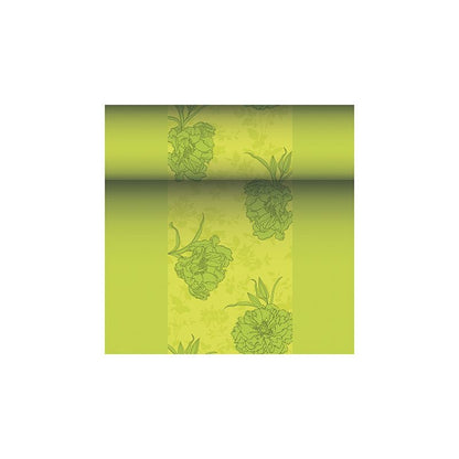 A imagem mostra um rolo de papel de parede com padrão floral em tons de verde, que lembra a nobre ROYAL Collection da PAPSTAR GmbH. Este design mostra grandes flores em um verde mais escuro sobre um fundo verde mais claro, exalando um charme elegante que se assemelha ao do PAPSTAR corredor de mesa semelhante a tecido PV-Tissue Mix "ROYAL Collection" nas medidas 24 m x 40 cm.