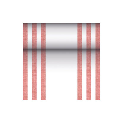 O corredor de mesa semelhante a tecido PV-Tissue Mix "ROYAL Collection" da PAPSTAR GmbH nas dimensões 24 m x 40 cm destaca-se por um design marcante de seis linhas verticais vermelhas, complementado por um gradiente de cor horizontal central de preto para branco em um fundo impecavelmente branco.