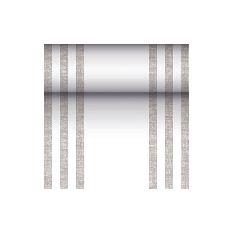 Um cilindro com efeito metálico refletor é suspenso por três linhas verticais e paralelas marrons de cada lado, lembrando o design moderno de um corredor de mesa semelhante a tecido PV-Tissue Mix da "ROYAL Collection" PAPSTAR em um fundo branco.