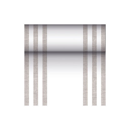 Um cilindro com efeito metálico refletor é suspenso por três linhas verticais e paralelas marrons de cada lado, lembrando o design moderno de um corredor de mesa semelhante a tecido PV-Tissue Mix da "ROYAL Collection" PAPSTAR em um fundo branco.