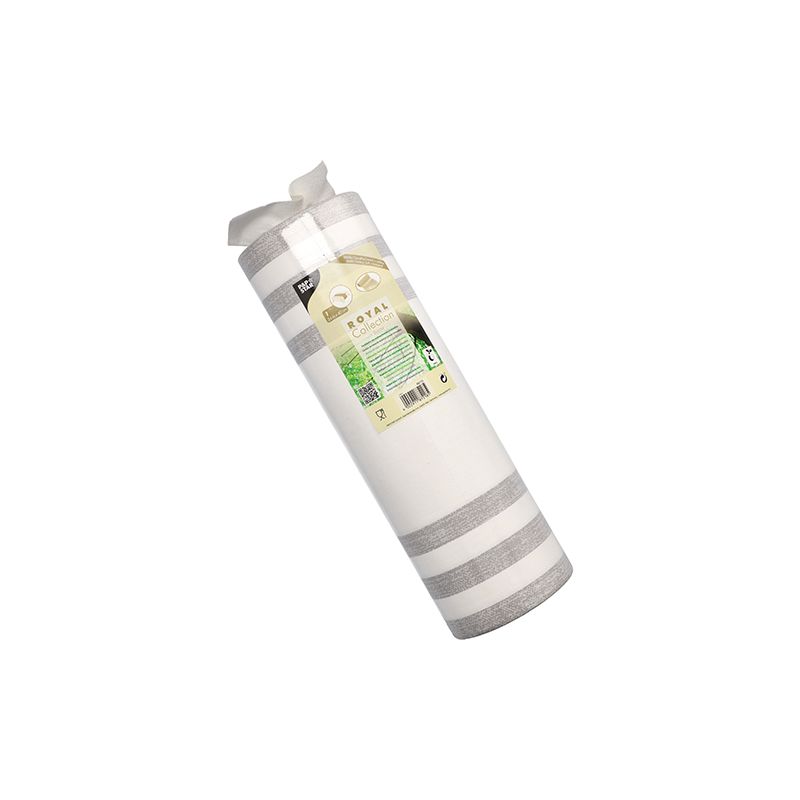 Um rolo de têxtil doméstico listrado em bege e branco da "ROYAL Collection" da PAPSTAR GmbH é feito de uma mistura de PV-Tissue e é entregue cuidadosamente enrolado em uma embalagem de plástico transparente com um rótulo com detalhes do produto. Com 24 metros de comprimento e 40 centímetros de largura, pode ser usado elegantemente como um corredor de mesa.