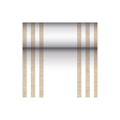 O PAPSTAR corredor de mesa semelhante a tecido PV-Tissue Mix "ROYAL Collection" da PAPSTAR GmbH é um corredor retangular com as medidas de 24 metros por 40 centímetros, cuja superfície branca é decorada em cada lado com dois pares de linhas verticais marrons, proporcionando uma aparência simétrica. No centro, há um gradiente de cor que começa escuro no meio e fica mais claro em direção às bordas.