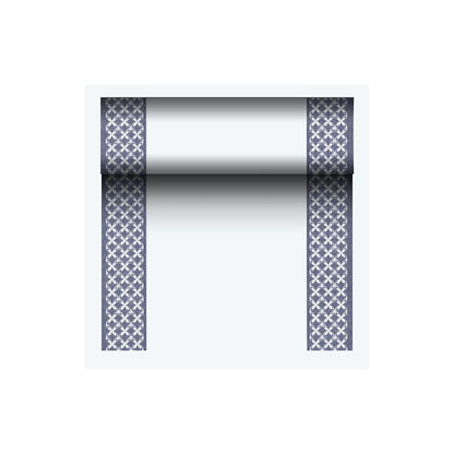 O corredor de mesa semelhante a tecido PV-Tissue Mix, "ROYAL Collection" da PAPSTAR GmbH, é feito de uma mistura de tecido de celulose-viscose de alta qualidade. Possui duas bordas estreitas azul-escuras com um padrão X repetido, sobre um centro elegantemente branco. Perfeito para adicionar sofisticação a qualquer ambiente.