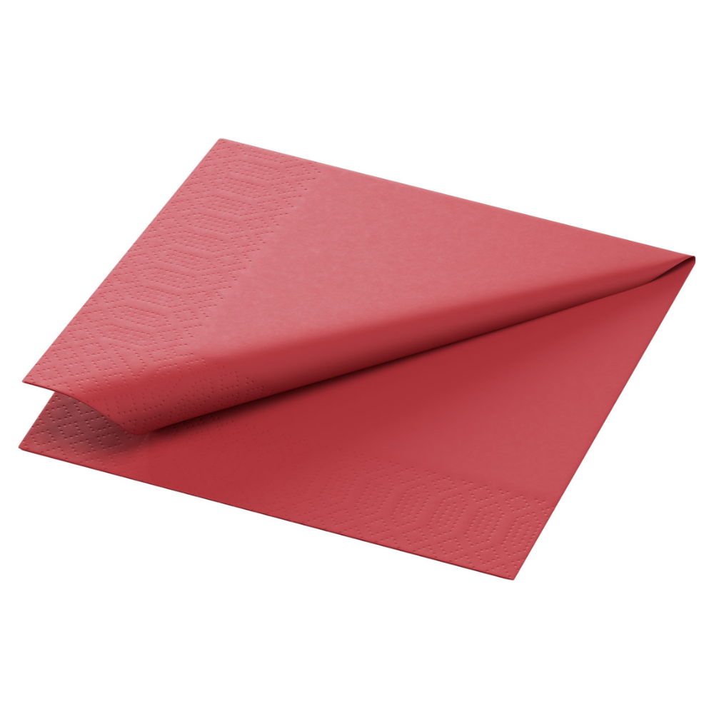 Um guardanapo de papel dobrado 24 x 24 cm de 3 camadas da Duni GmbH, em vermelho com um padrão em relevo discreto nas bordas, é mostrado em ângulo sobre um fundo branco.