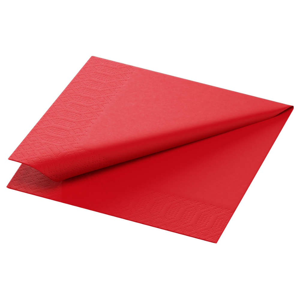 Um guardanapo de papel vermelho dobrado no formato 24 x 24 cm da Duni GmbH é apresentado sobre um fundo branco simples, destacando seu design sofisticado de 3 camadas com um padrão em relevo discreto ao longo das bordas.