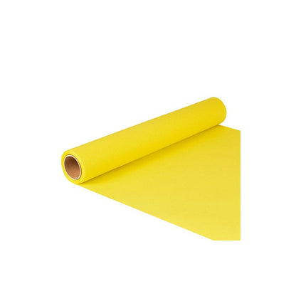 Um rolo PAPSTAR de papel de caminho de mesa da "ROYAL Collection" em amarelo brilhante, com o rótulo ecológico nórdico "Svanen", está parcialmente desenrolado, de modo que o núcleo de papelão é visível. O papel liso e brilhante está plano sobre um fundo branco.
