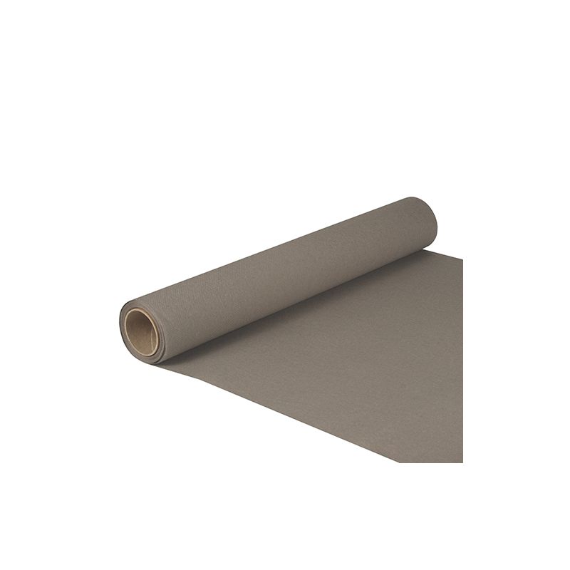 Um rolo do PAPSTAR caminho de mesa de papel "ROYAL Collection" nas medidas 5 m x 40 cm e com certificação FSC® está parcialmente desenrolado e mostra a superfície lisa. Colocado sobre um fundo branco, o núcleo é visível à esquerda.