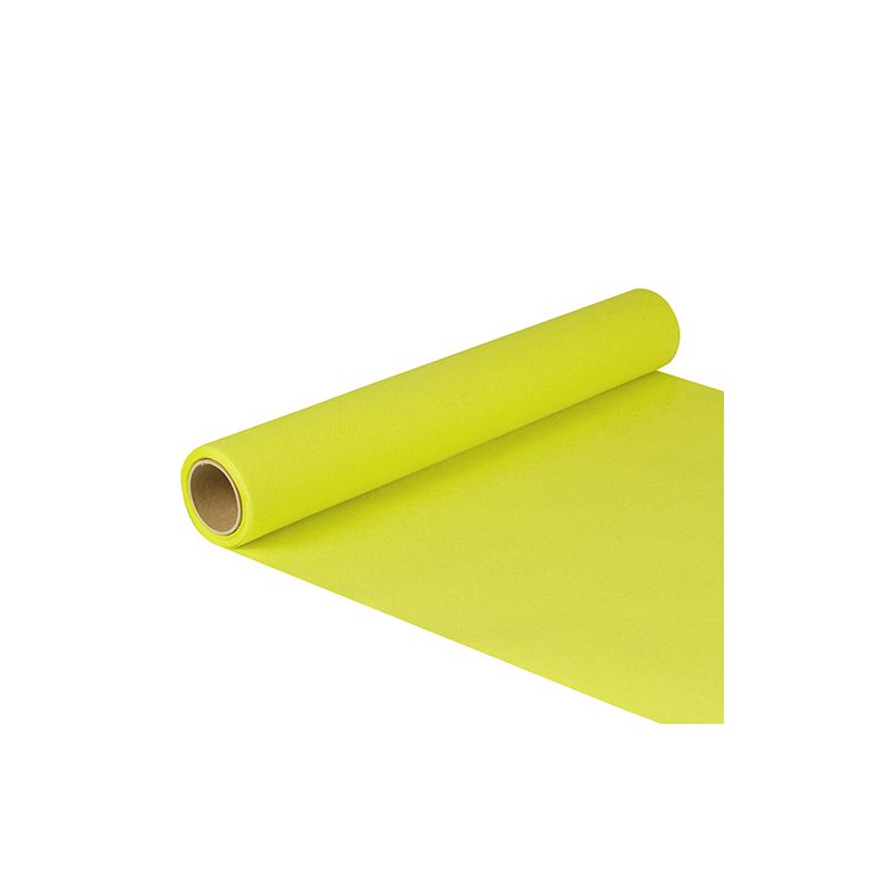Um rolo de papel amarelo-verde brilhante, que lembra o caminho de mesa de papel da PAPSTAR "ROYAL Collection" da PAPSTAR GmbH, está parcialmente desenrolado sobre um fundo branco impecável, sublinhando assim sua elegância e compromisso com a sustentabilidade com certificação FSC®.