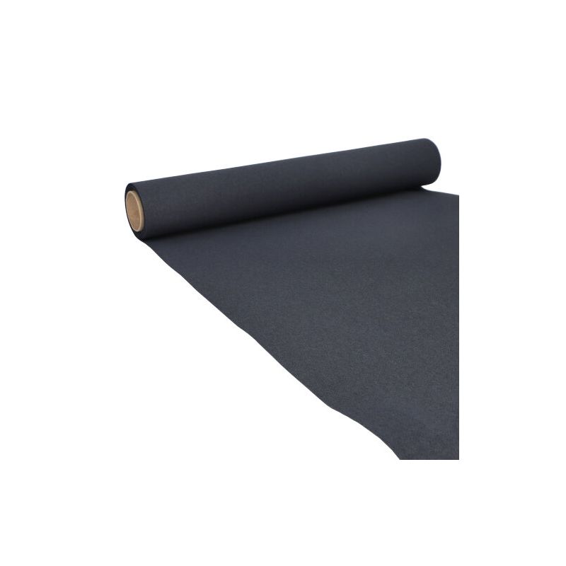 Um rolo PAPSTAR de caminho de mesa de papel "ROYAL Collection" em preto, parcialmente desenrolado sobre um fundo branco, assemelha-se a um elegante caminho de mesa. O material liso e densamente tecido, com a borda do rolo claramente visível, confere um toque elegante a qualquer decoração de mesa.