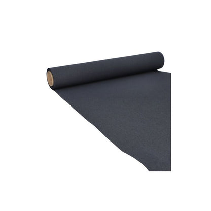 Um rolo PAPSTAR de caminho de mesa de papel "ROYAL Collection" em preto, parcialmente desenrolado sobre um fundo branco, assemelha-se a um elegante caminho de mesa. O material liso e densamente tecido, com a borda do rolo claramente visível, confere um toque elegante a qualquer decoração de mesa.