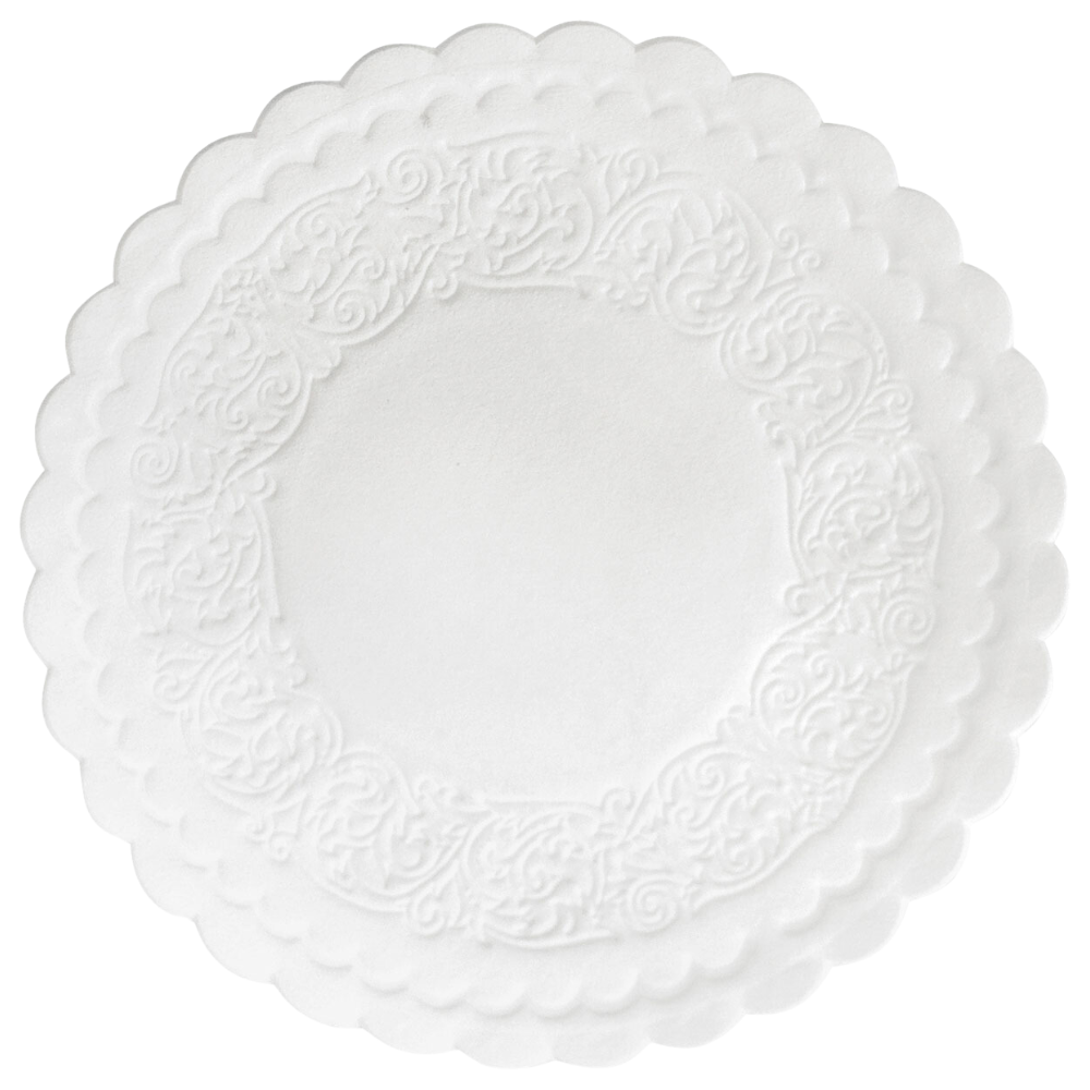 Um porta-copos redondo e branco de papel da Duni GmbH com 9 cm de diâmetro, várias camadas e bordas onduladas, além de padrões elaboradamente gravados na borda. Este produto é entregue em uma embalagem com 500 unidades.