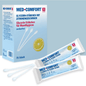 A imagem mostra uma caixa de Top-Comfort PP Sticks de Limão com sabor a lima para o cuidado oral da AMPri Handelsgesellschaft mbH. A caixa contém 75 unidades e mostra o texto em alemão. Na frente da caixa, também estão ilustrados dois cotonetes embalados individualmente e dois sticks de sabor a lima sem embalagem.