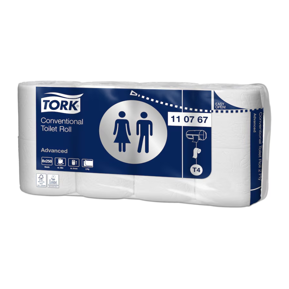 O papel higiênico de rolo pequeno Tork 110767 Advanced T4, marca TORK – Essity Professional Hygiene Germany GmbH, está disponível em um design azul e branco com símbolos que indicam a adequação para banheiros masculinos e femininos. Este pacote contém seis rolos de papel higiênico macio.