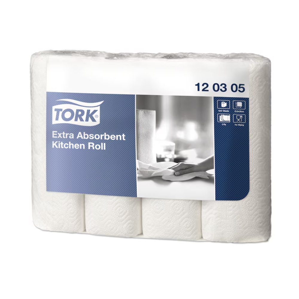 Uma caixa de toalhas de cozinha Tork 120305 extra-absorventes Premium de 3 camadas, fabricada pela TORK – Essity Professional Hygiene Germany GmbH, contém 48 rolos. A embalagem predominantemente branca com destaques azuis exibe uma imagem do produto, um logotipo e símbolos de uso. O rótulo "120305" destaca o design extra-absorvente.