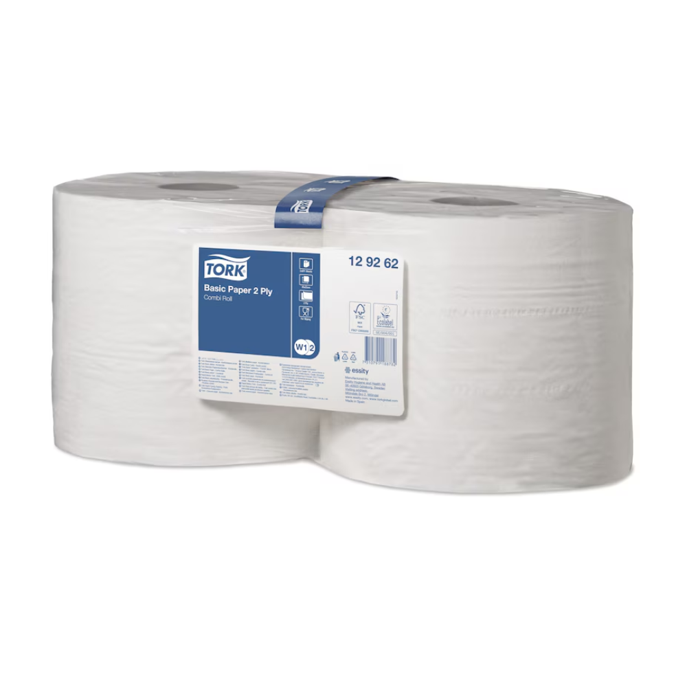 Uma caixa de toalhas de papel padrão Tork 129262 Universal W1 W2 de 2 camadas, oferece alta capacidade e uso multifuncional. A embalagem contém duas grandes toalhas de papel brancas, que estão envoltas em plástico transparente e possuem uma etiqueta azul com informações sobre o produto.