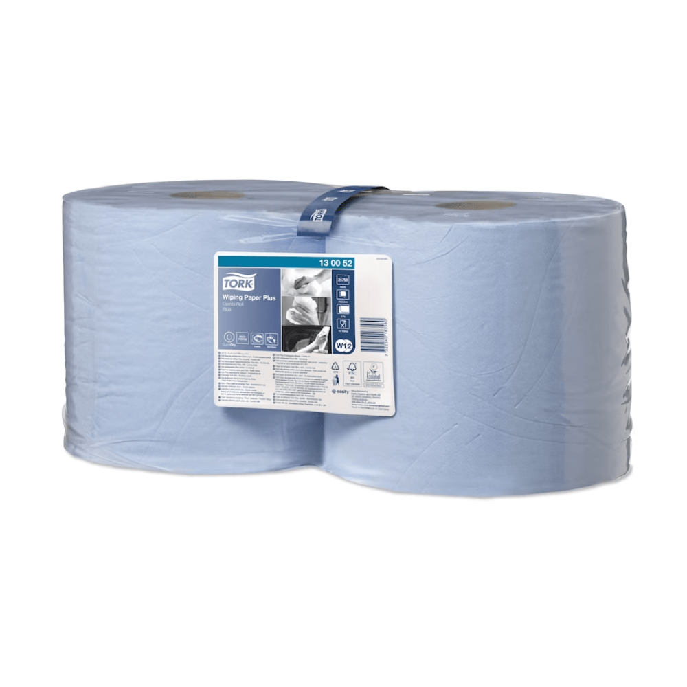 Os panos de papel multiuso resistentes Tork 130052 Premium W1+W2 de 2 camadas, oferecidos numa caixa prática com dois rolos, destacam-se pela alta capacidade de absorção e uma atraente cor azul clara. A etiqueta mostra detalhes do produto juntamente com uma imagem. Estes papéis são perfeitos para uso com dispensadores Tork ou como panos multiuso versáteis para várias aplicações.
