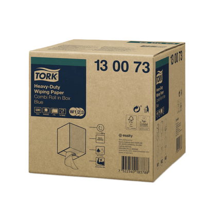 A imagem mostra uma caixa azul com toalhas de papel multiuso extra-fortes Tork 130073 Premium W1 W2 W3, com capacidade para 500 folhas e vários símbolos. O produto é de 2 camadas em qualidade premium e leva a marca Essity.