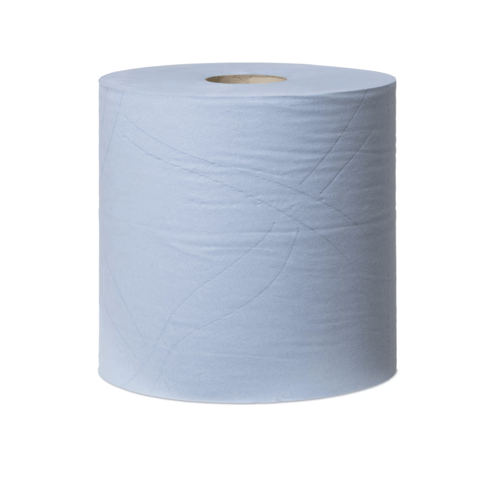 Um rolo Tork 130073 de toalhas de papel multiuso extra-fortes em azul claro está em pé com superfície texturizada e núcleo de papelão, simbolizando a qualidade premium da TORK - Essity Professional Hygiene Germany GmbH para uso versátil.
