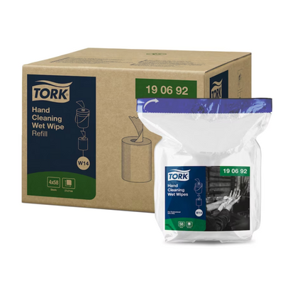 Uma caixa com quatro pacotes de recarga de toalhetes húmidos para limpeza das mãos Tork 190692 Premium W14 de 1 camada da marca TORK – Essity Professional Hygiene Germany GmbH exibe um design verde-azulado com detalhes do produto. A embalagem de recarga de plástico exibe uma imagem em preto e branco de mãos limpas e é perfeita para remover eficientemente óleo e sujeira.