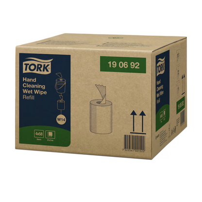 Embalagem de caixa de recarga de toalhetes húmidos para limpeza das mãos Tork 190692 Premium W14 de 1 camada da TORK - Essity Professional Hygiene Germany GmbH | Caixa (4 pacotes). A caixa exibe um desenho simples de linha de um dispensador de toalhetes húmidos e contém detalhes do produto como tamanho e quantidade. Ideal para remover óleo e sujeira, o código de barras e as setas de orientação são claramente visíveis.