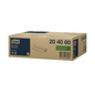 Uma caixa com a inscrição "Tork 204060 Sacos de Lixo 50 l Transparentes B1" da TORK - Essity Professional Hygiene Germany GmbH possui um indicador de capacidade de 20, 40, 60. É concebido para reciclagem avançada e é feito 100% de material reciclado. As dimensões (61,5 x 89,5 cm) e o código de barras são visíveis de lado, tornando-o perfeito para uma gestão eficaz de resíduos.
