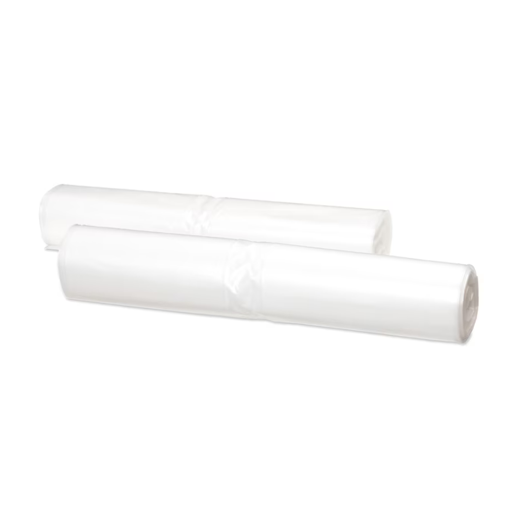Duas rolos de sacos de lixo transparentes Tork 204060 feitos de material reciclado são colocados lado a lado sobre um fundo branco simples.