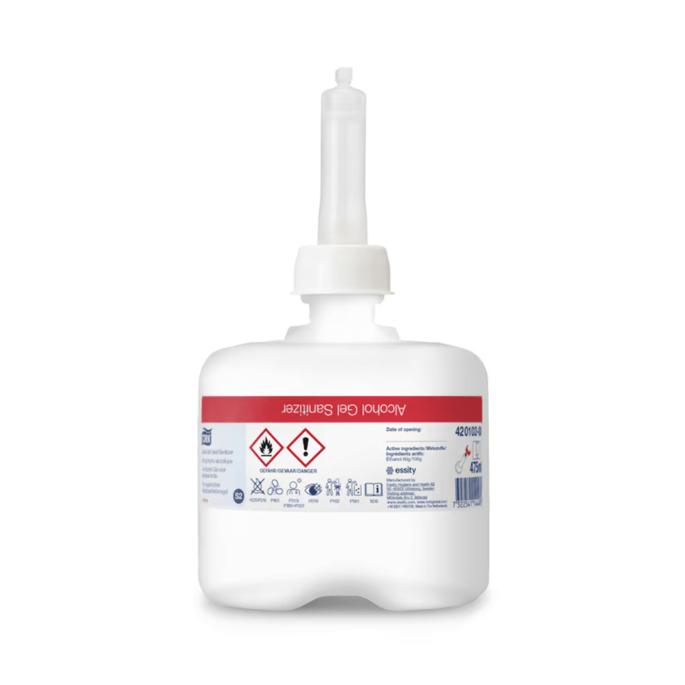 Um frasco branco de gel desinfetante para as mãos Tork 420102 Mini da TORK – Essity Professional Hygiene Germany GmbH, com um rótulo vermelho com símbolos de segurança e um bico comprido na parte superior. O rótulo contém instruções para a desinfeção cirúrgica das mãos com álcool etílico a 80 %.