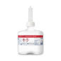 Um frasco branco de gel desinfetante para as mãos Tork 420102 Mini da TORK – Essity Professional Hygiene Germany GmbH, com um rótulo vermelho com símbolos de segurança e um bico comprido na parte superior. O rótulo contém instruções para a desinfeção cirúrgica das mãos com álcool etílico a 80 %.