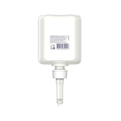 Na imagem, há um recipiente retangular branco com um bico na parte inferior, no qual se podem ver texto e um código de barras. Este Tork 420202 Desinfecção de Mãos Sensível e Hidratante Premium da TORK - Essity Professional Hygiene Germany GmbH é ideal para distribuir gel desinfetante para mãos hidratante e combate eficazmente os agentes patogénicos.